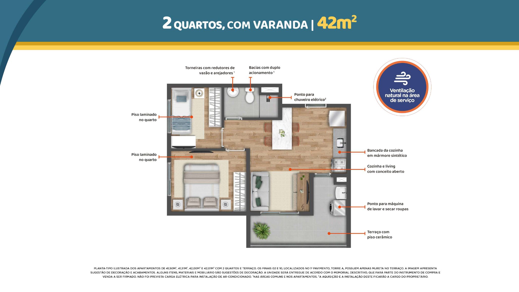 2 dormitórios 42m² com sacada R2V