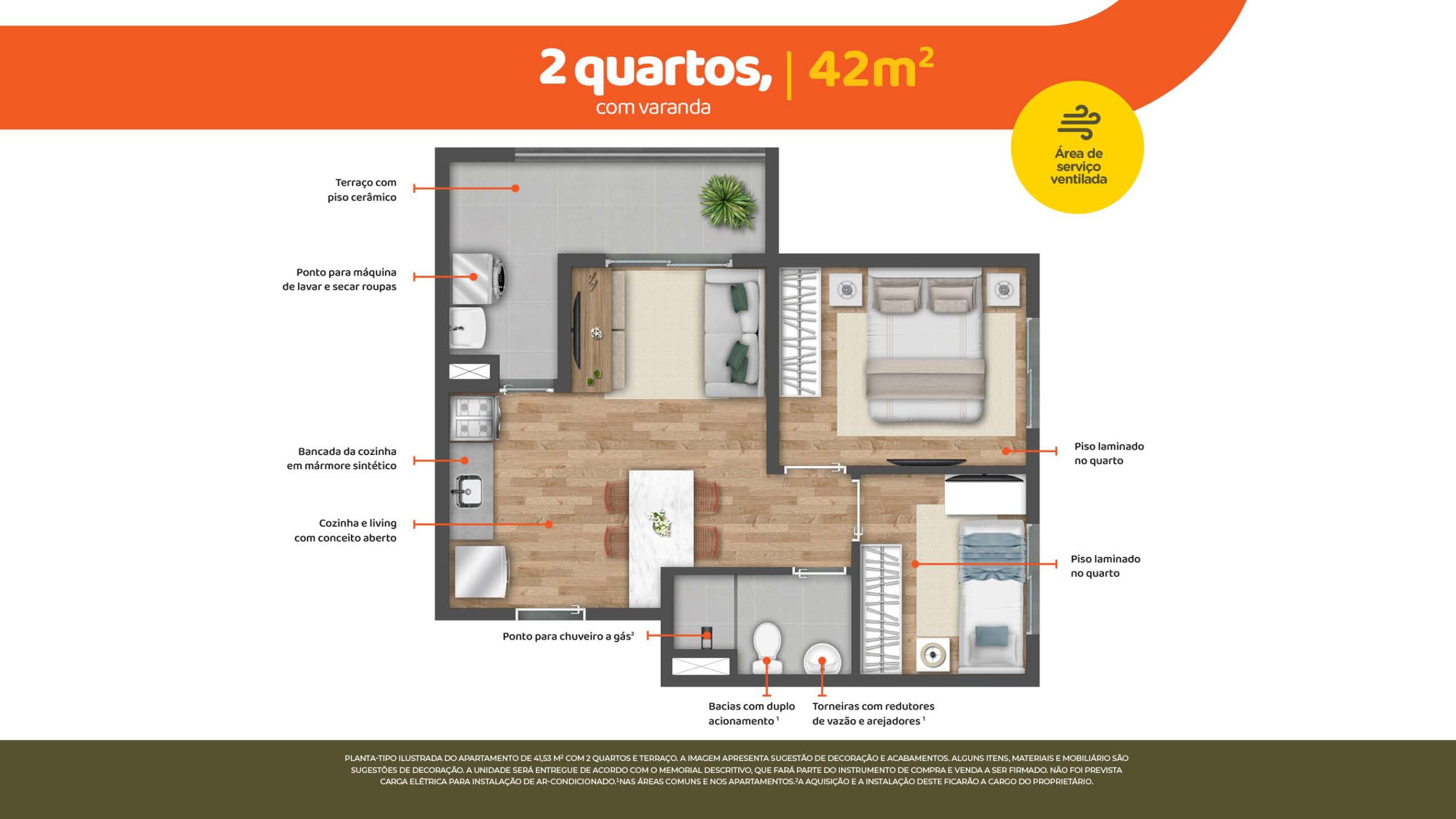 2 Quartos 42m² com Sacada HIS2