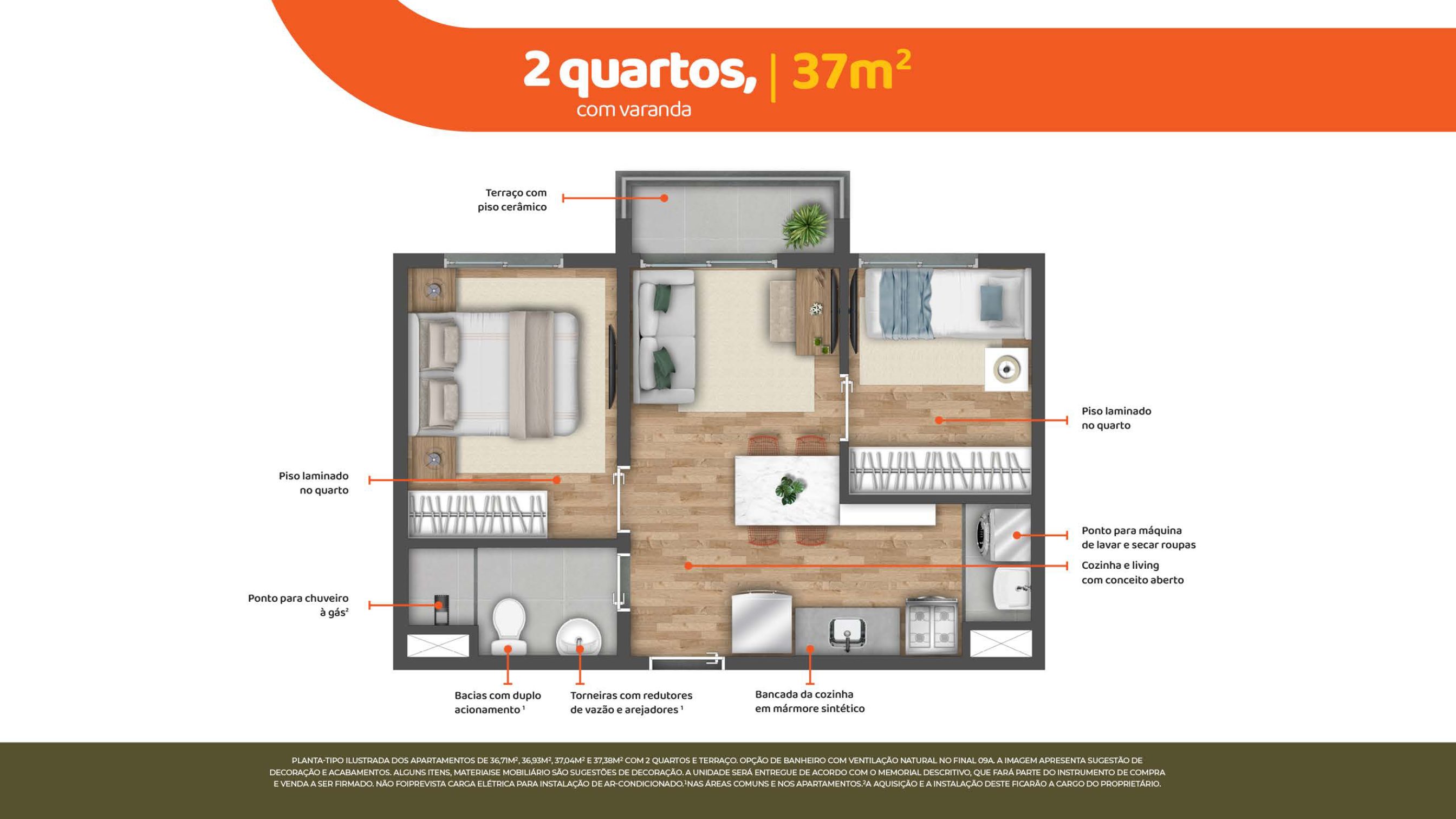 2 Quartos 37m² com Sacada HIS2