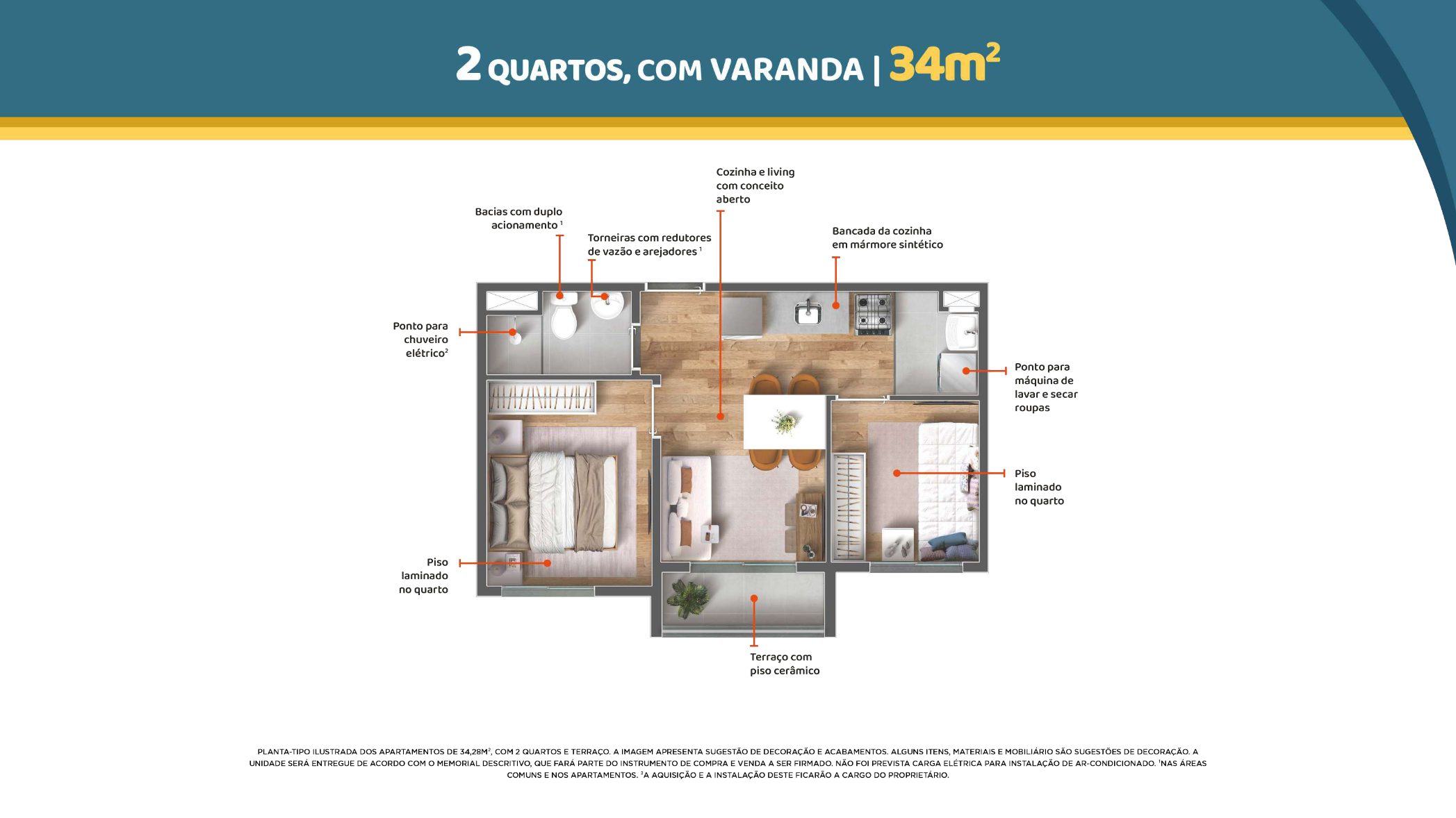 2 dormitórios 34m² com sacada