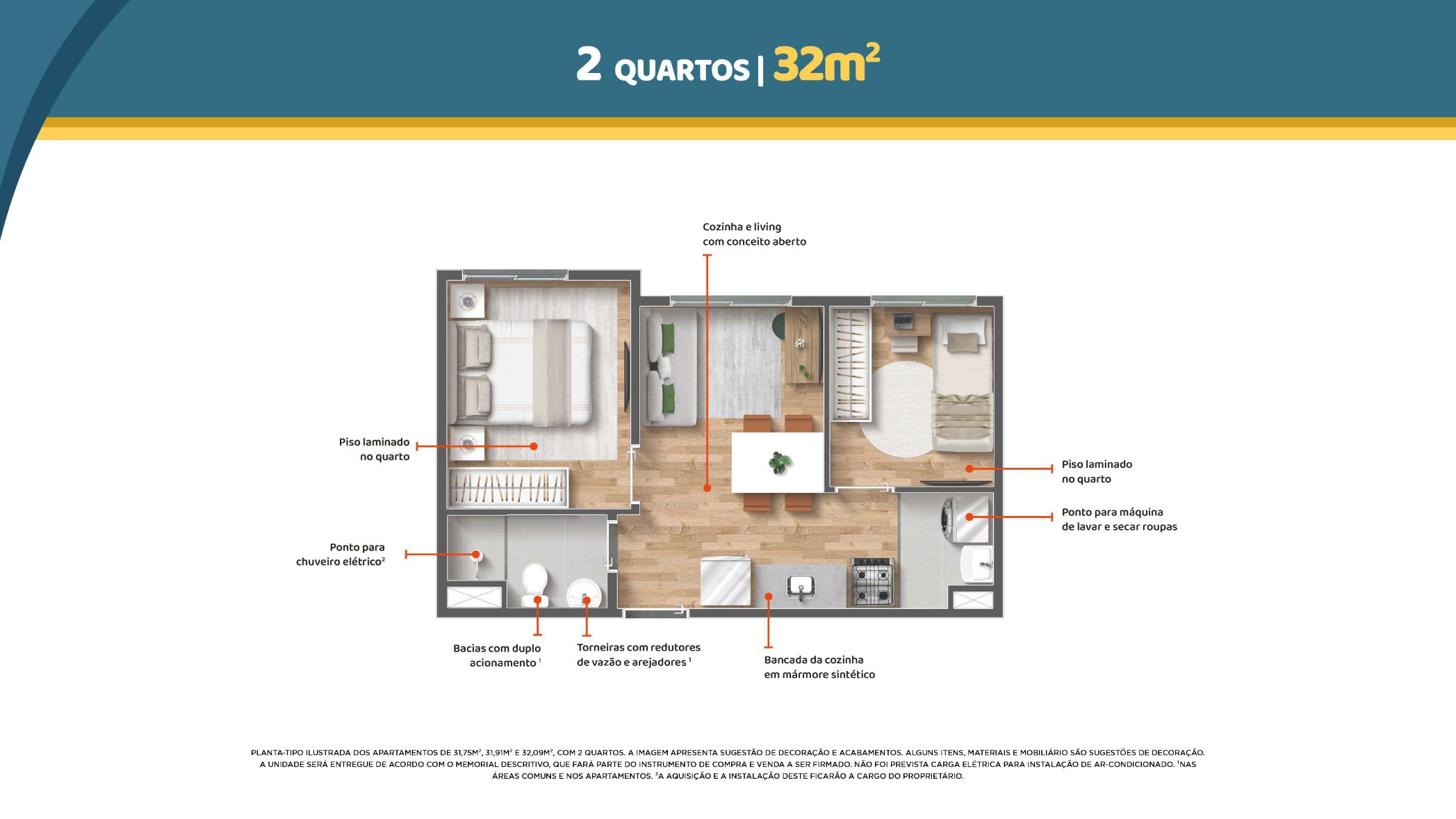 2 dormitórios 32m²
