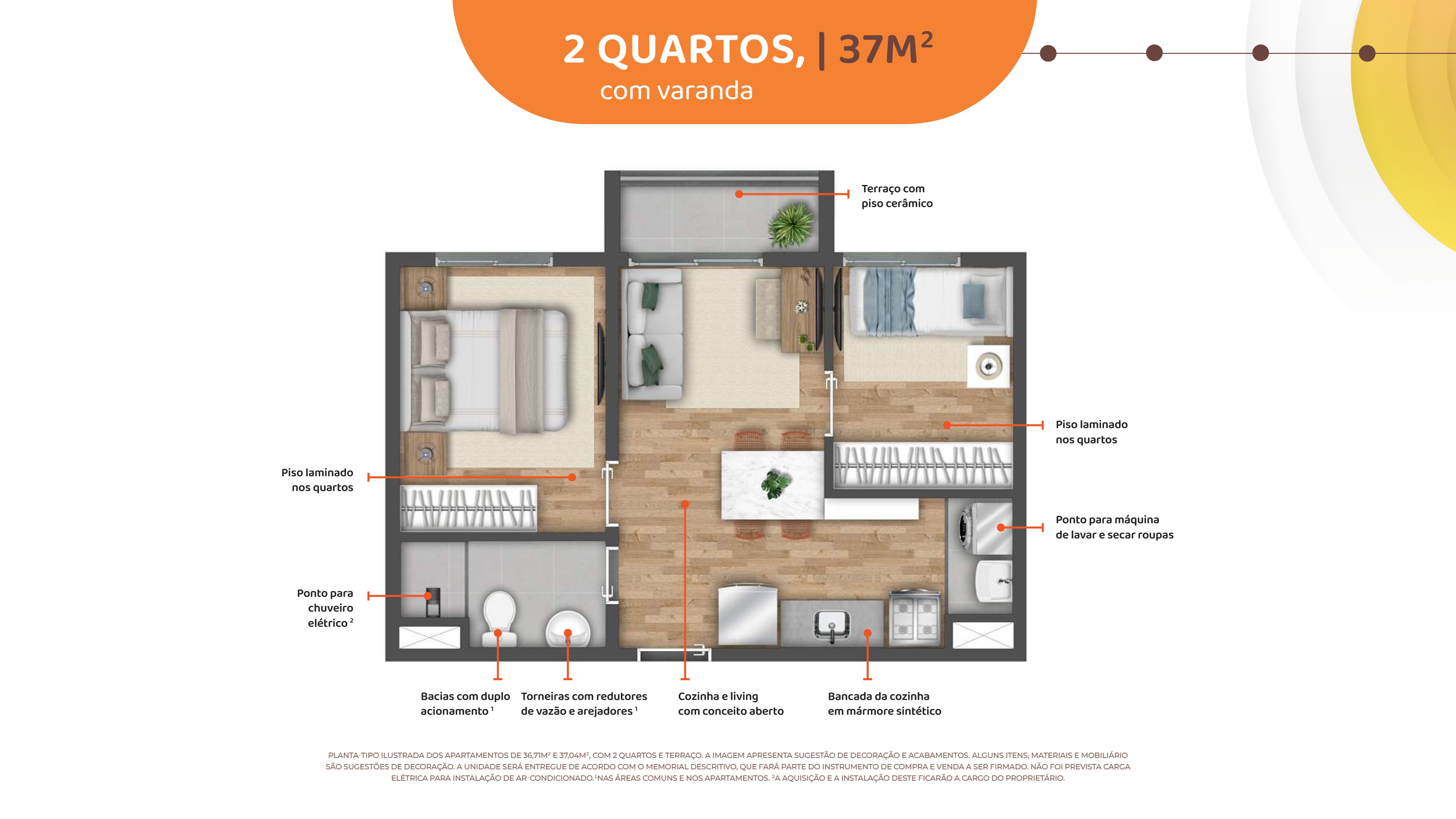 2 quartos - 37m² com varanda HIS2