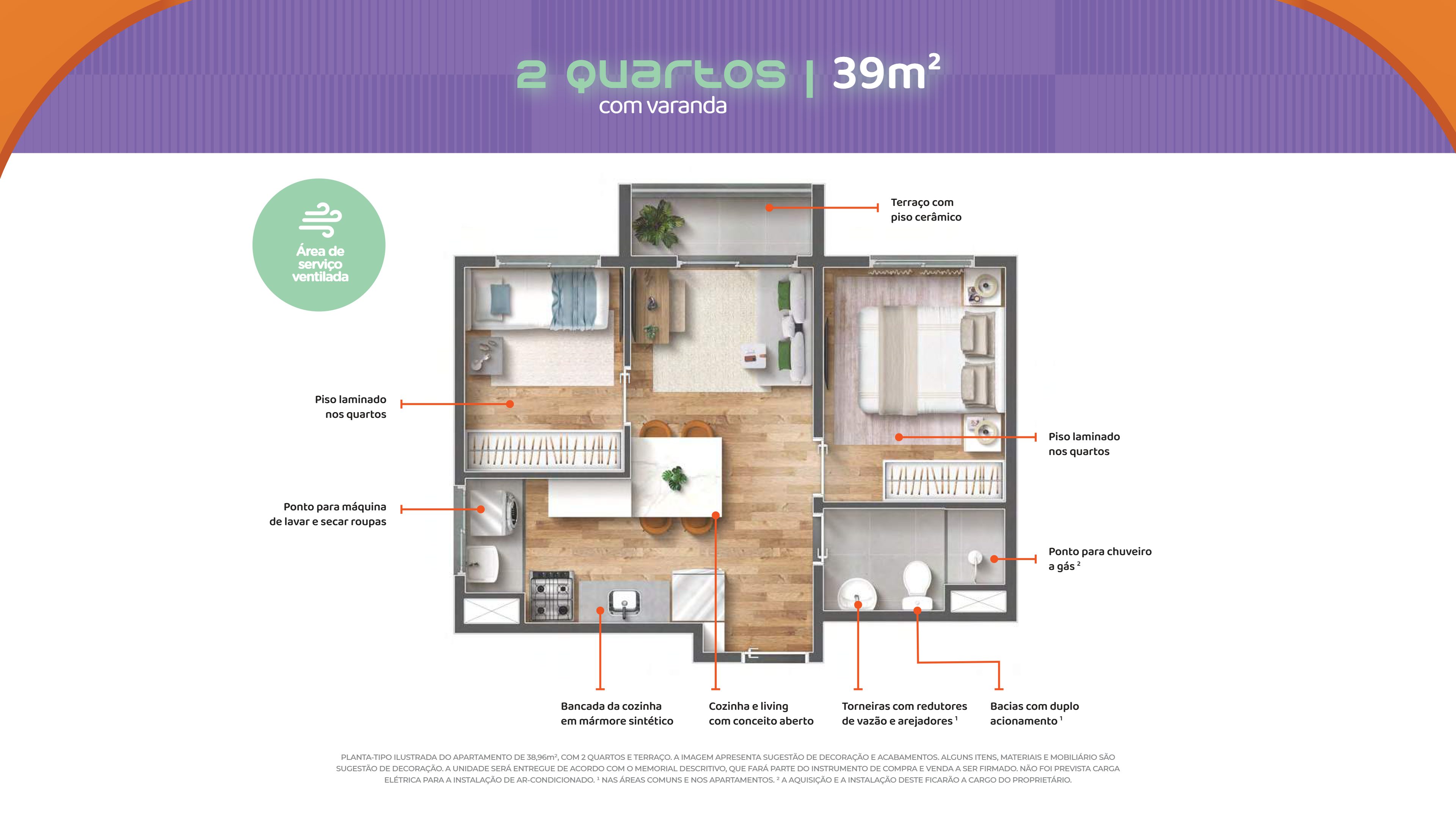 2 quartos - 39m² Sacada
