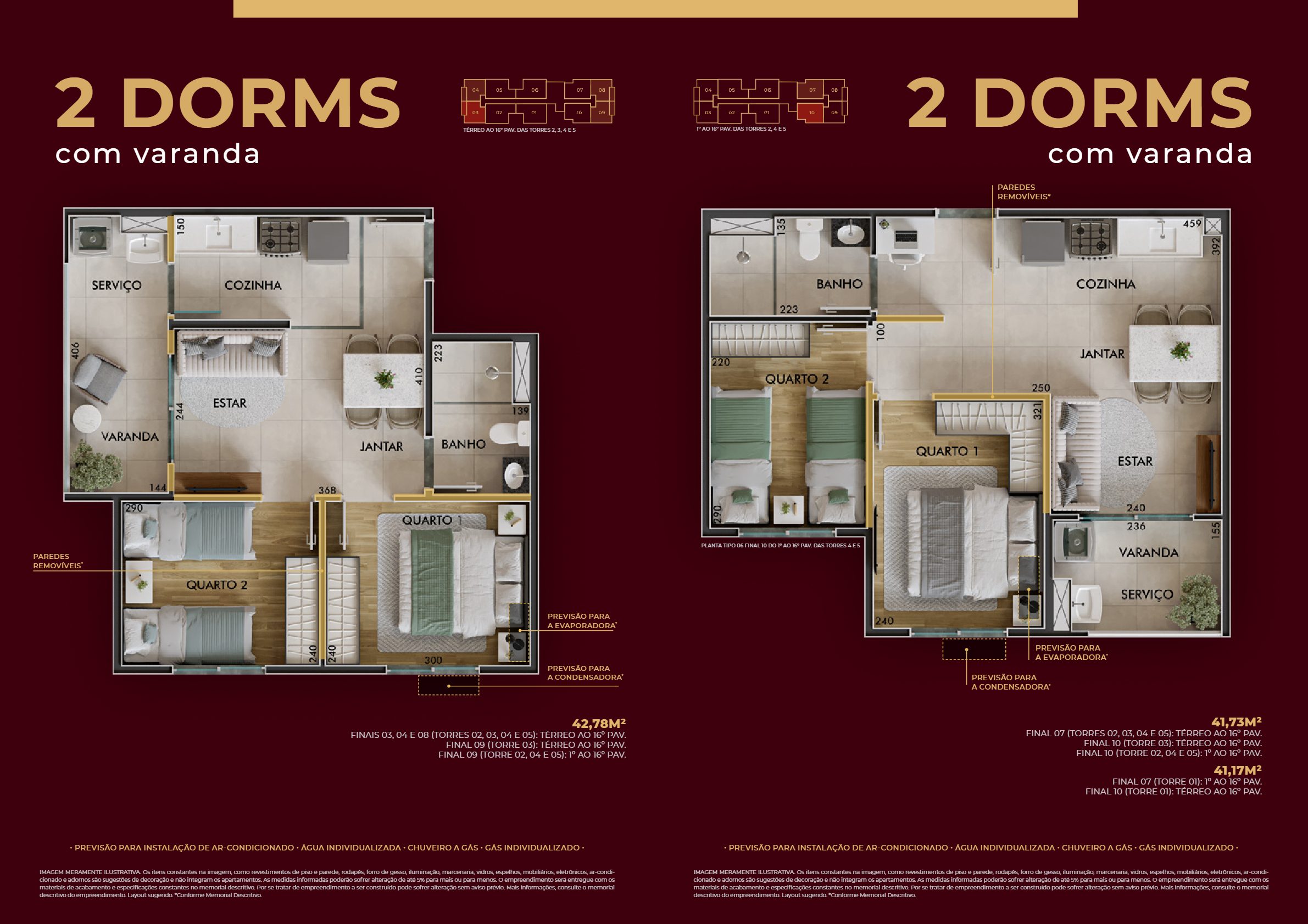 Sinfonia Santo Amaro - Plantas 2 dormitórios com varanda - 42,78m² e 41,73m²