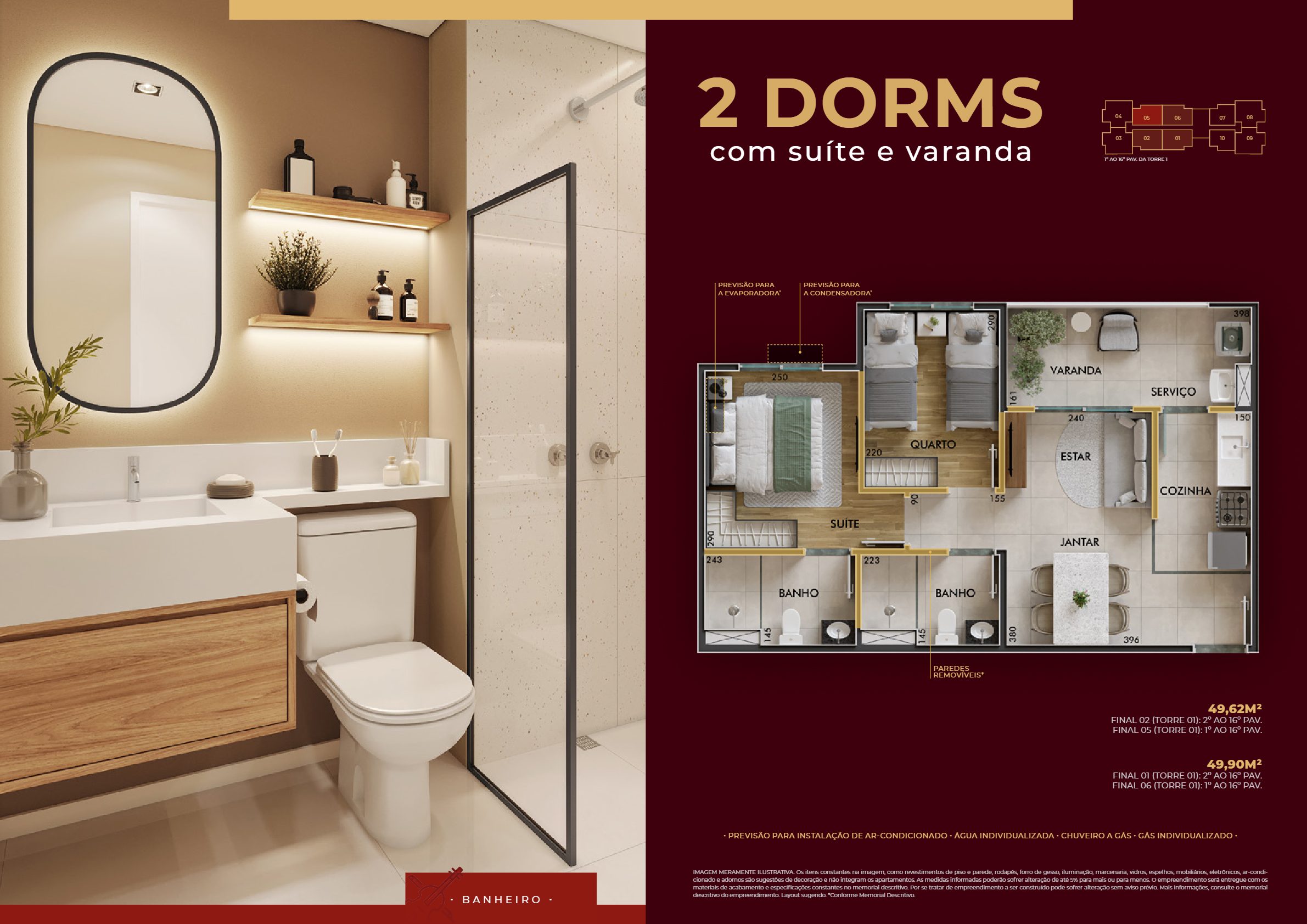Sinfonia Santo Amaro - Planta 2 dormitórios com suíte - 49,62m²