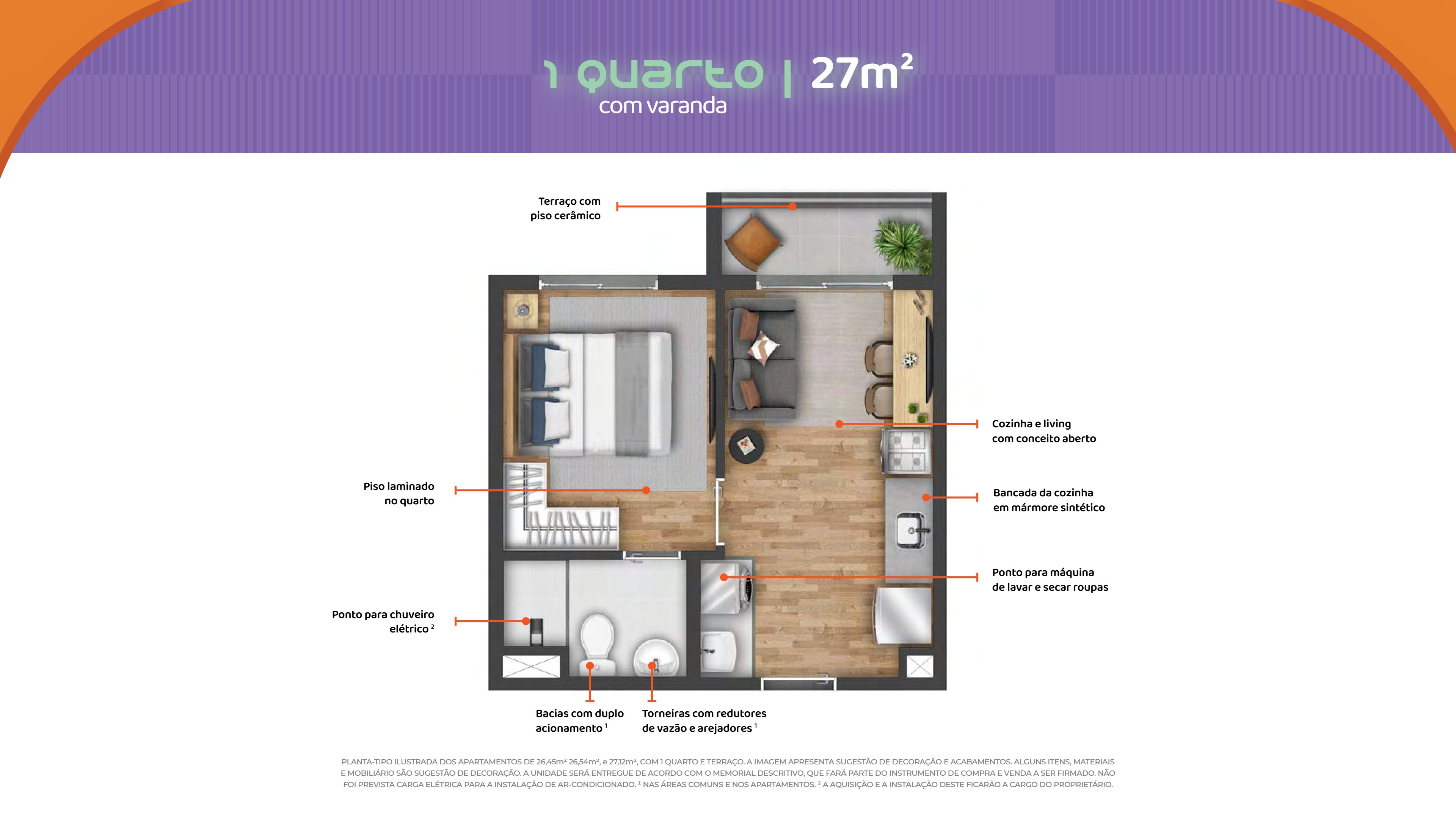 1 quarto - 27m² Sacada