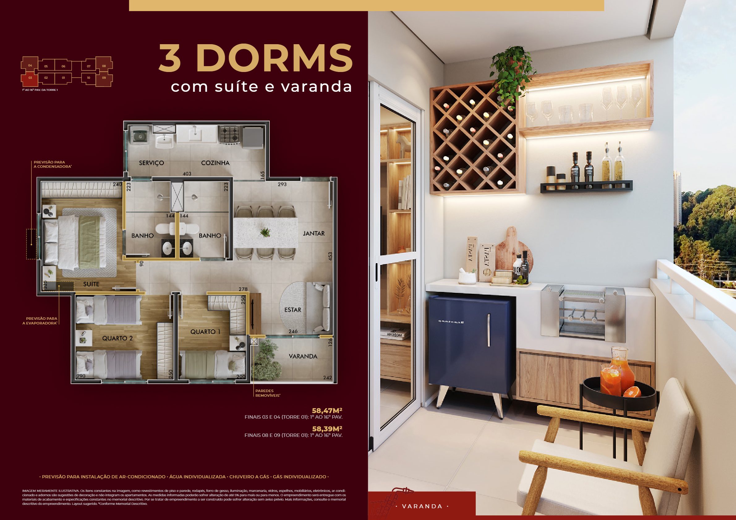 Sinfonia Santo Amaro - Planta 3 dormitórios com suíte - 58,47m²