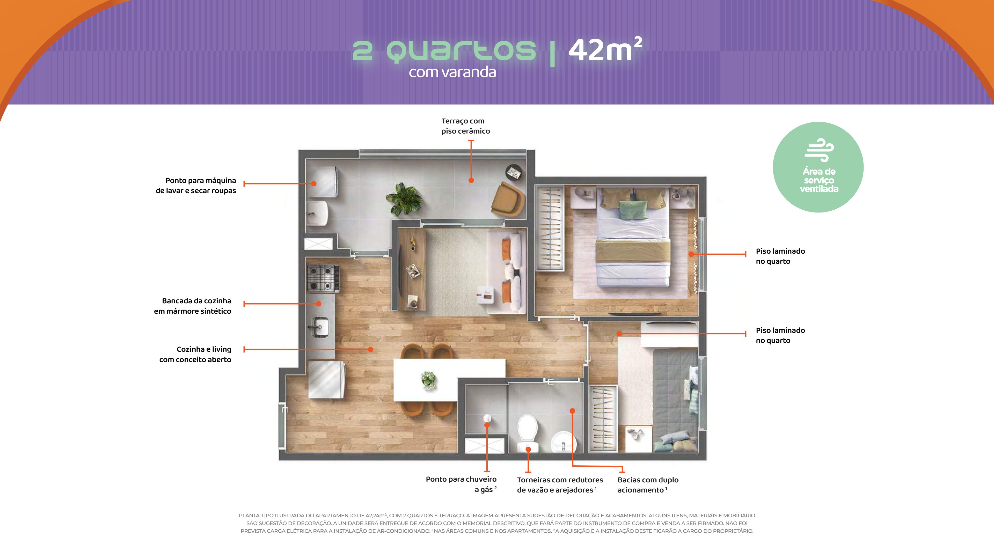 2 quartos - 42m² Sacada