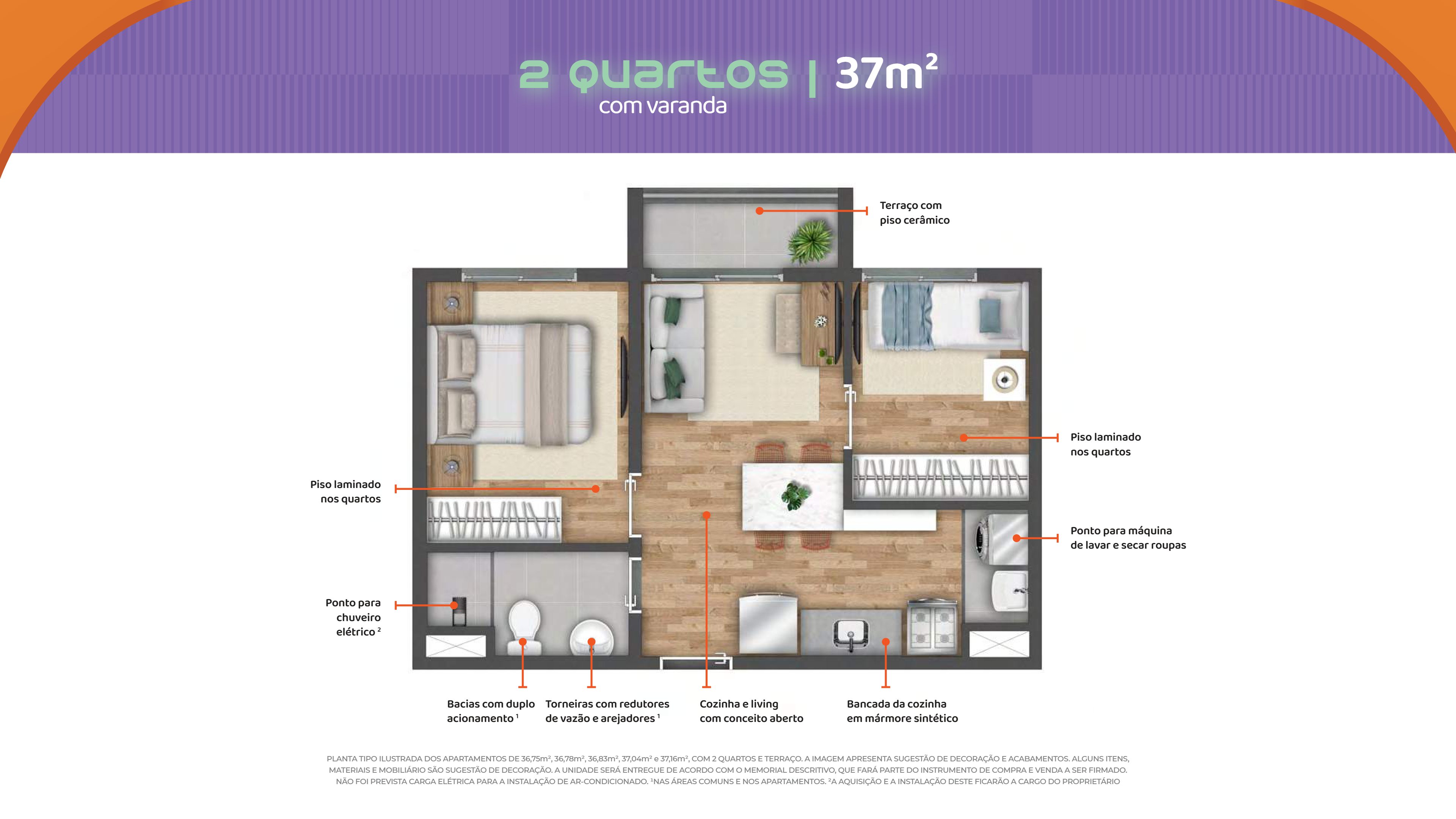 2 quartos - 37m² Sacada