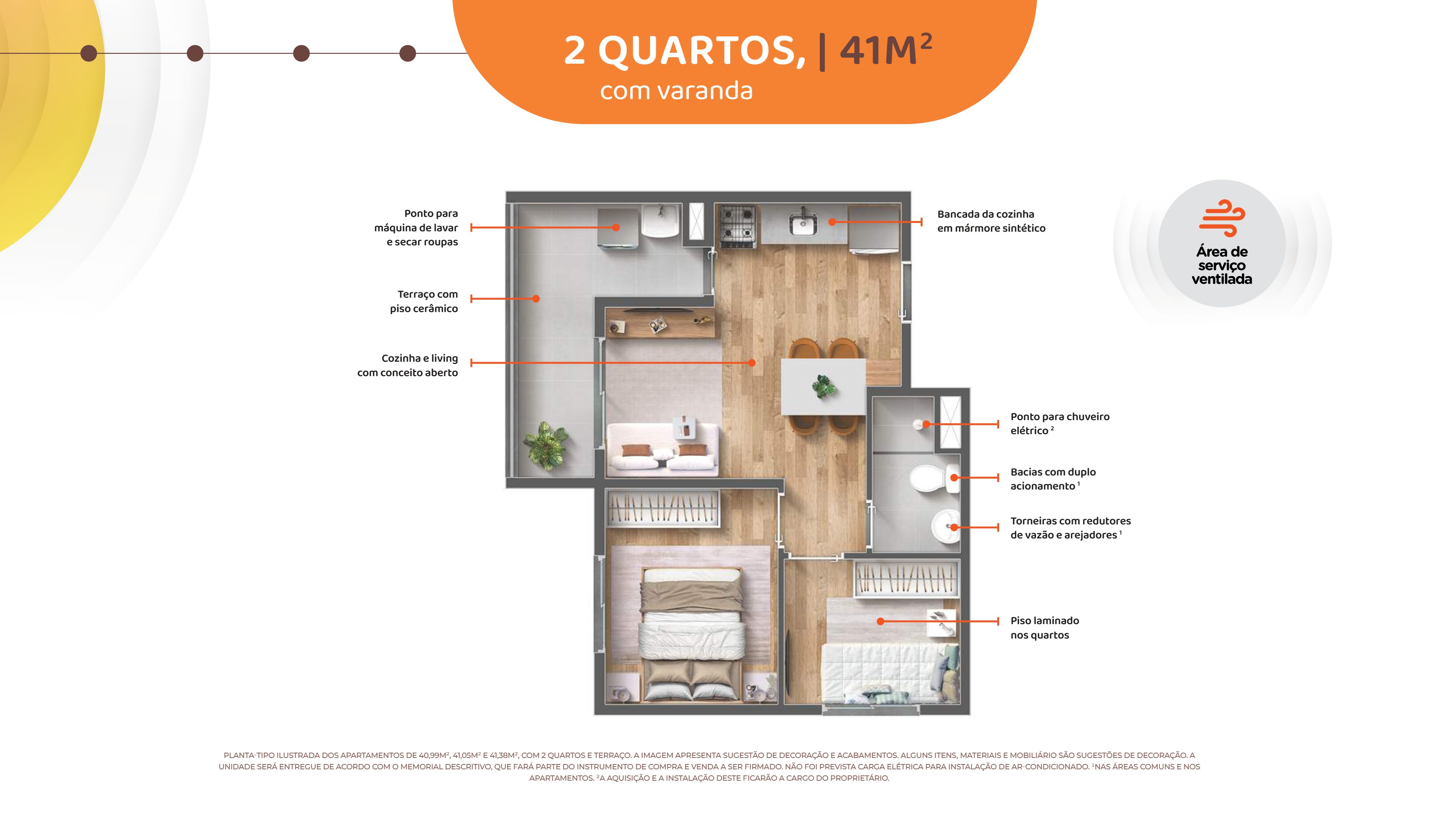 2 quartos - 41m² com varanda R2V